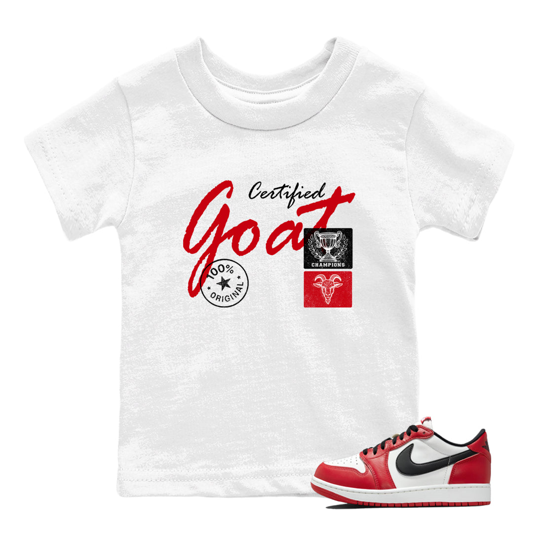 Best Sneakerfit graphic tee – Sneaker Tees To Match Air Jordan 1 Low Chicago Sneakers – Certified Goat Kids T-Shirt White 1