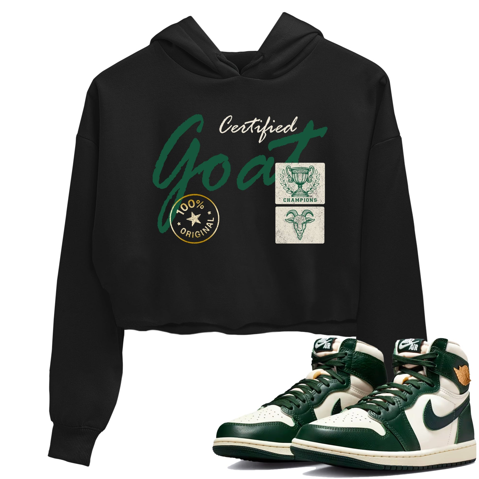 Sneaker Threads – Sneaker Tees To Match Air Jordan 1 Pro Green – Certified Goat Crop Tee Black 1. Perfect for Jordan releases 2025 colorways.