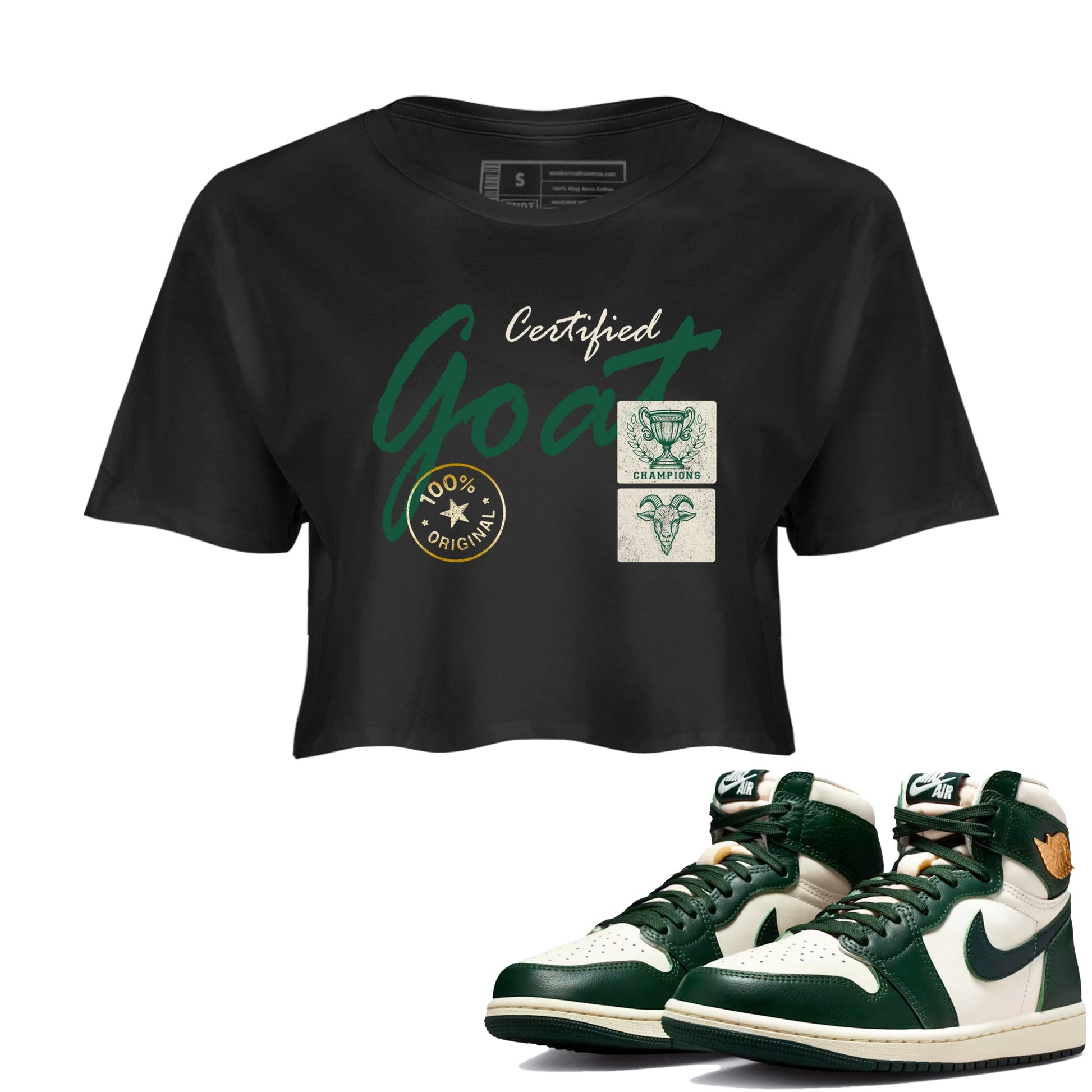 Sneaker Threads – Sneaker Tees To Match Air Jordan 1 Pro Green – Certified Goat Crop Tee Black 1. Perfect for Jordan releases 2025 colorways.