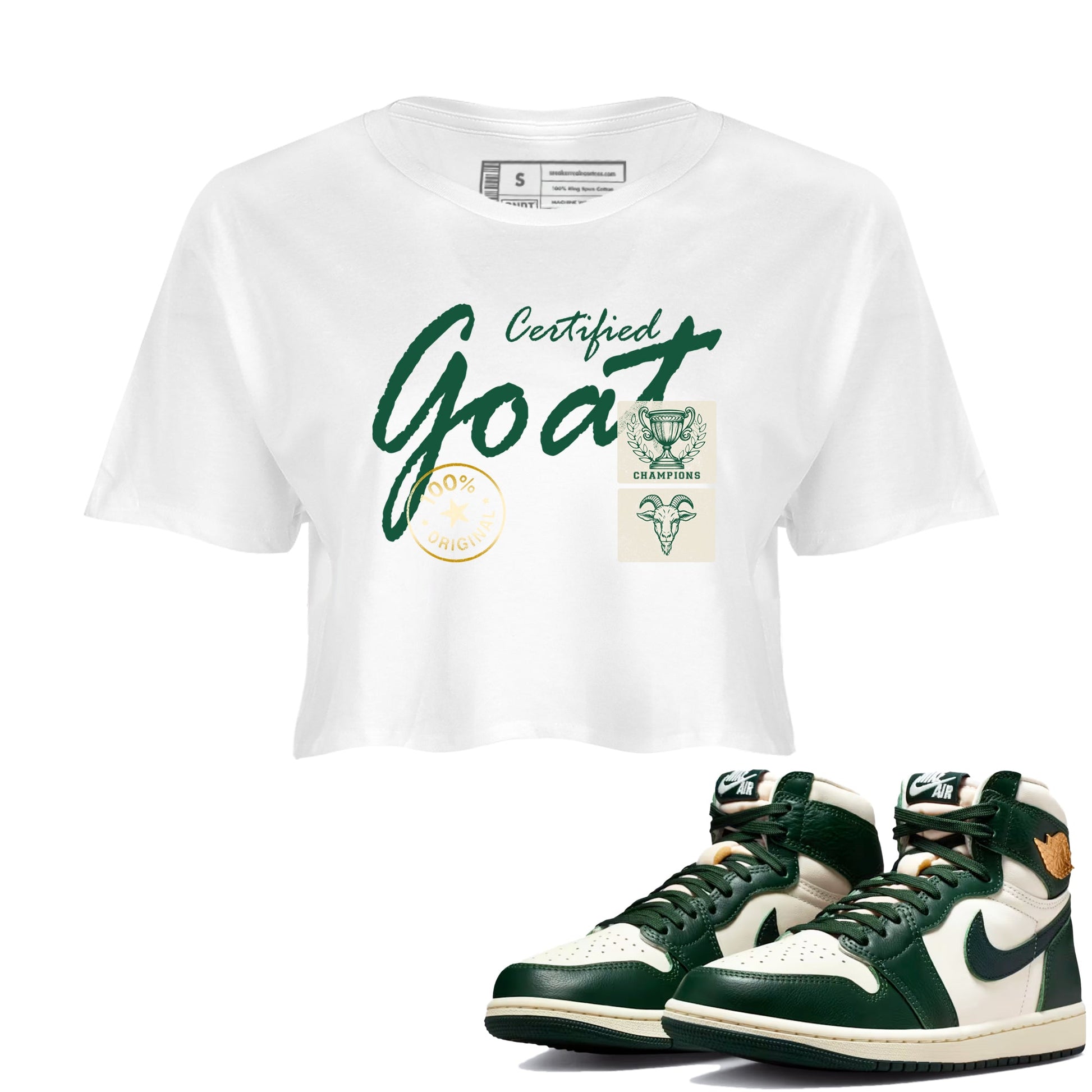 Sneaker Threads – Sneaker Tees To Match Air Jordan 1 Pro Green – Certified Goat Crop Tee White 1. Perfect for Jordan releases 2025 colorways.