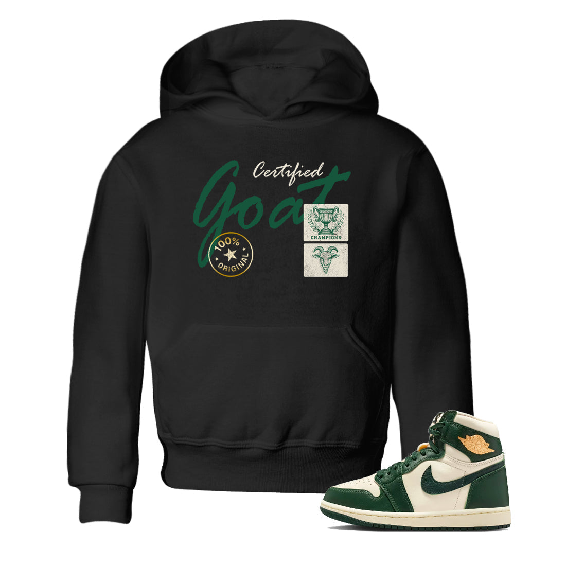 Sneaker Threads – Sneaker Tees To Match Air Jordan 1 Pro Green – Certified Goat Youth Graphic Tee Black 1. Perfect for Jordan releases 2025 colorways.