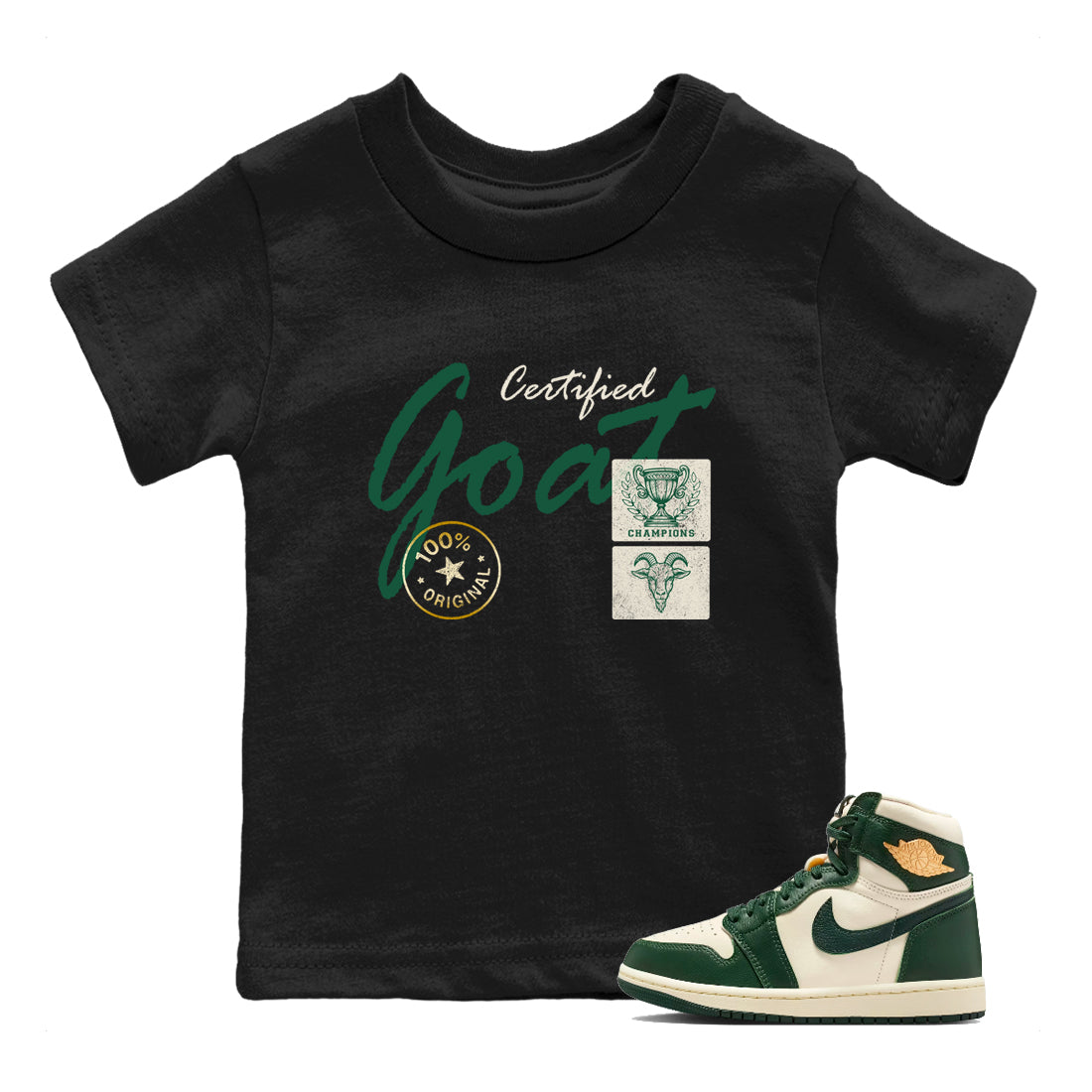 Sneaker Threads – Sneaker Tees To Match Air Jordan 1 Pro Green – Certified Goat Youth Graphic Tee Black 1. Perfect for Jordan releases 2025 colorways.