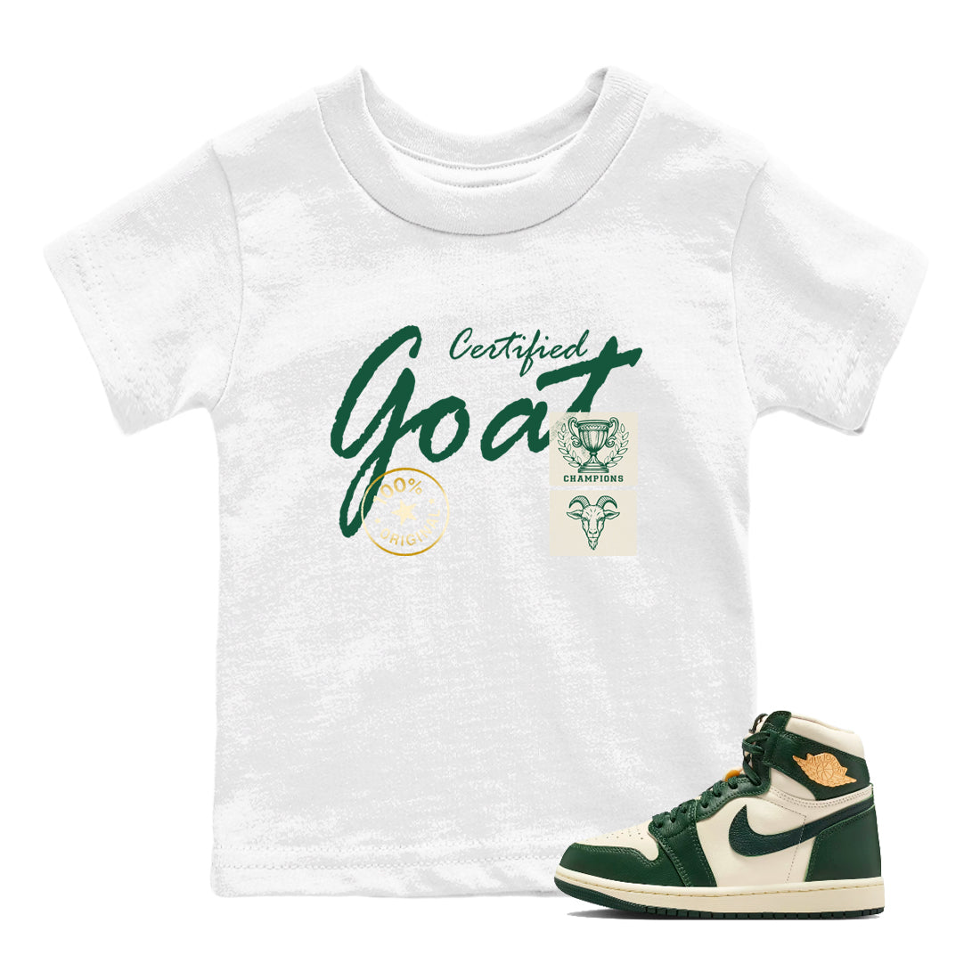 Sneaker Threads – Sneaker Tees To Match Air Jordan 1 Pro Green – Certified Goat Youth Graphic Tee White 1. Perfect for Jordan releases 2025 colorways.