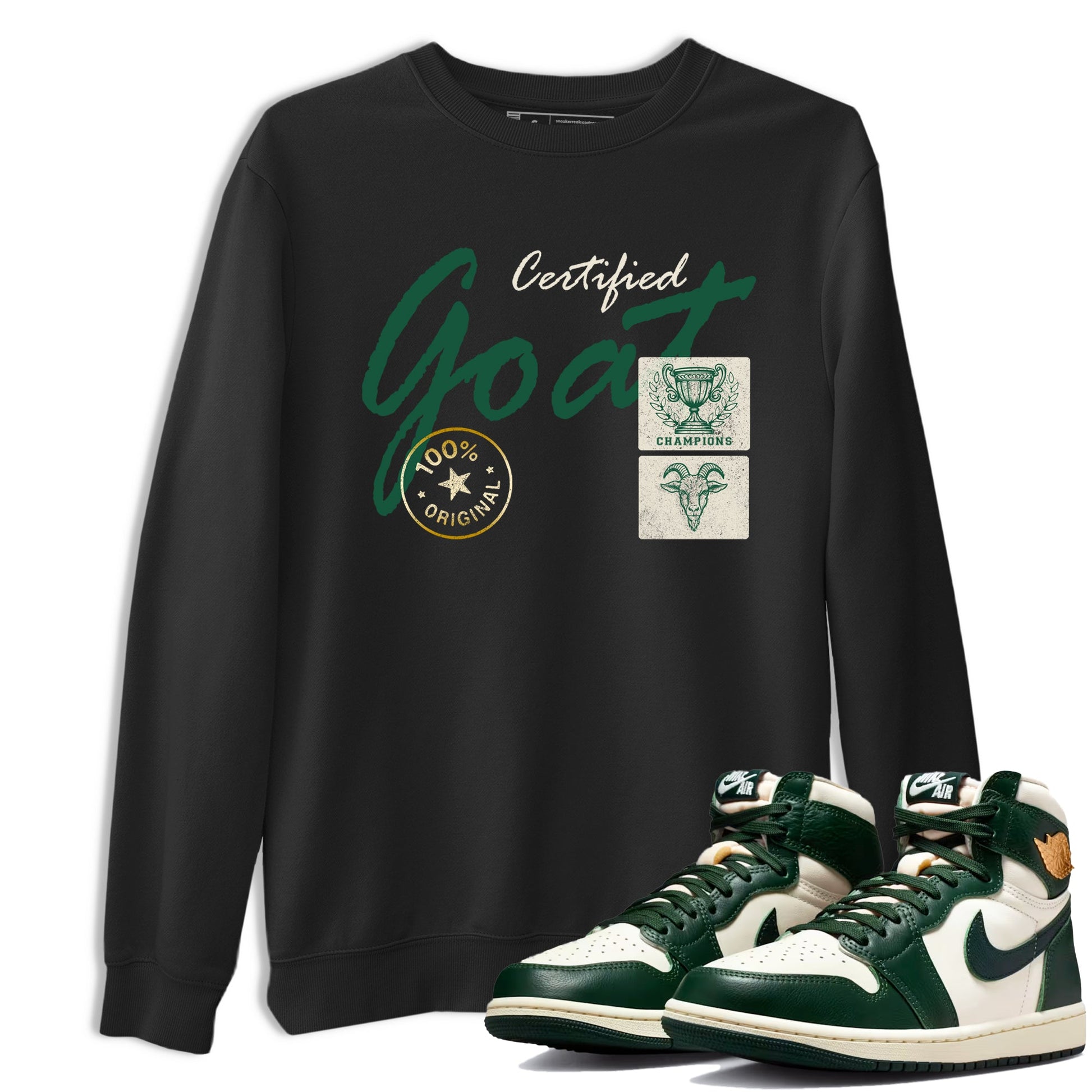Sneaker Threads – Sneaker Tees To Match Air Jordan 1 Pro Green – Certified Goat Graphic Tee Black 1. Perfect for Jordan releases 2025 colorways.