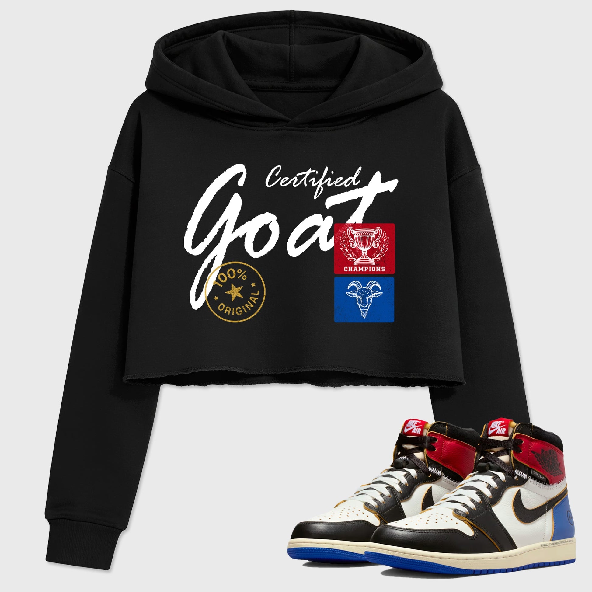 Sneaker match tees – Sneaker Tees To Match Air Jordan 1 Union x Fragment Shoes – Certified Goat Crop T-Shirt Black 1