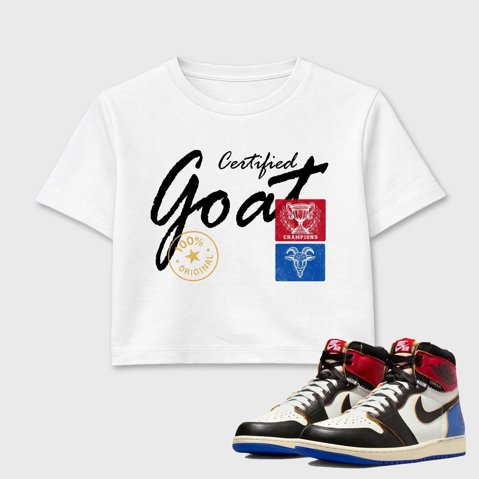 Sneaker match tees – Sneaker Tees To Match Air Jordan 1 Union x Fragment Shoes – Certified Goat Crop T-Shirt White 1
