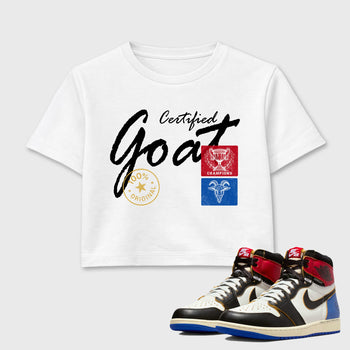 Sneaker match tees – Sneaker Tees To Match Air Jordan 1 Union x Fragment Shoes – Certified Goat Crop T-Shirt White 1