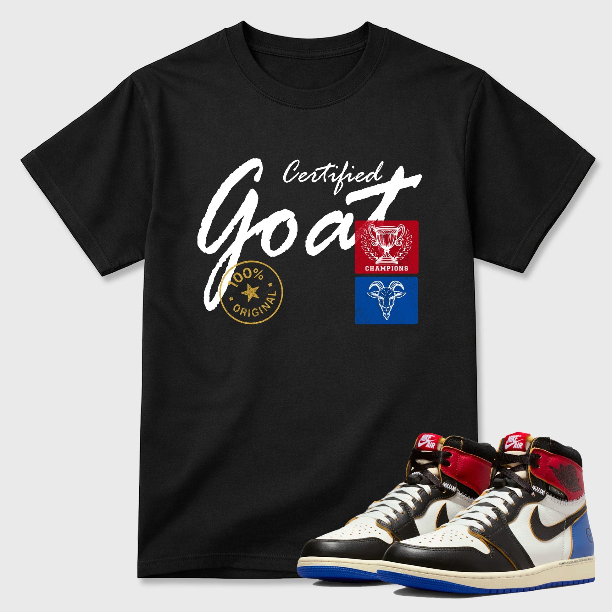 Sneaker match tees – Sneaker Tees To Match Air Jordan 1 Union x Fragment Shoes – Certified Goat Tee Black 1