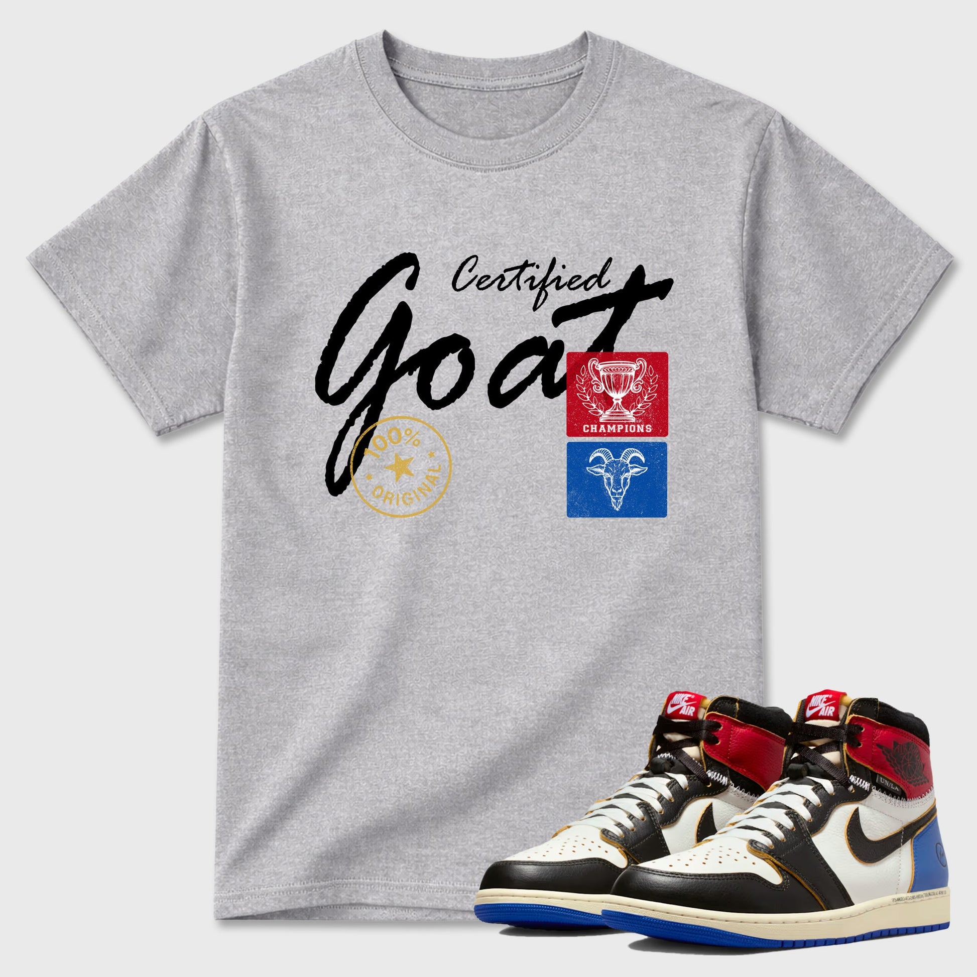 Sneaker match tees – Sneaker Tees To Match Air Jordan 1 Union x Fragment Shoes – Certified Goat Tee Heather Grey 1