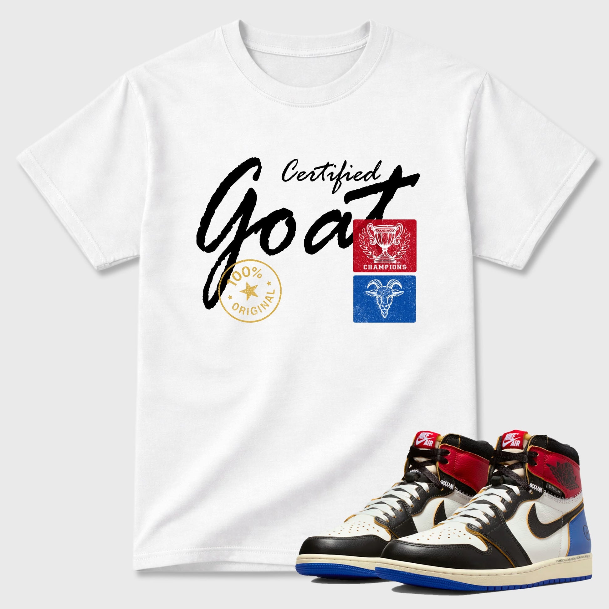 Sneaker match tees – Sneaker Tees To Match Air Jordan 1 Union x Fragment Shoes – Certified Goat Tee White 1