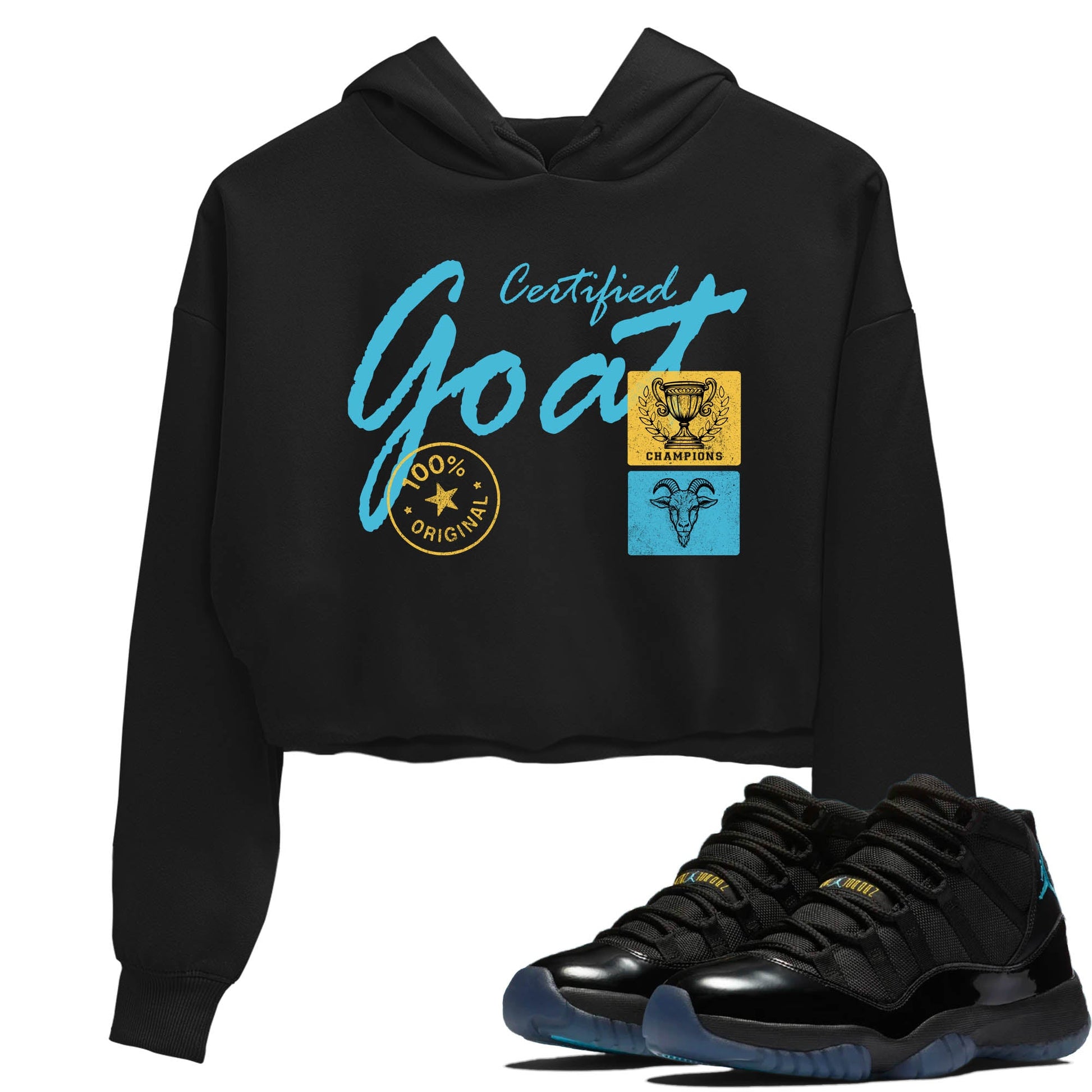 Sneaker Threads – Sneaker Tees To Match Air Jordan 11 Retro Gamma – Certified Goat Crop Tee Black 1. Perfect for Jordan releases 2025 colorways.