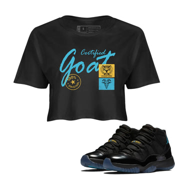 Sneaker Threads – Sneaker Tees To Match Air Jordan 11 Retro Gamma – Certified Goat Crop Tee Black 1. Perfect for Jordan releases 2025 colorways.
