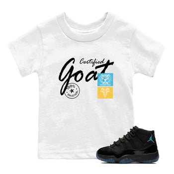 Sneaker Threads – Sneaker Tees To Match Air Jordan 11 Retro Gamma – Certified Goat Youth Graphic Tee White 1. Perfect for Jordan releases 2025 colorways.