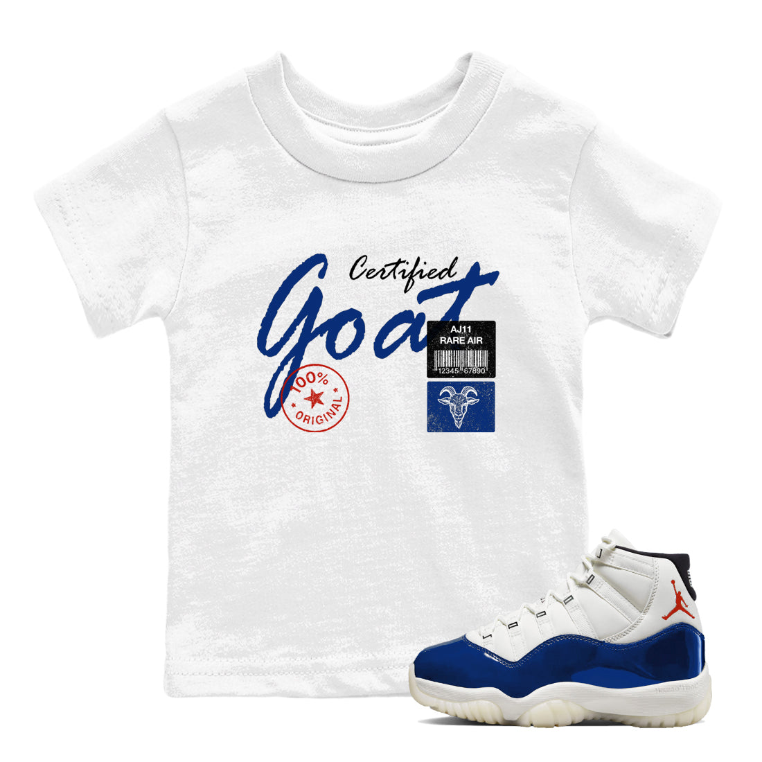 White t-shirt with 'Certified Goat' text and a sneaker on a white background