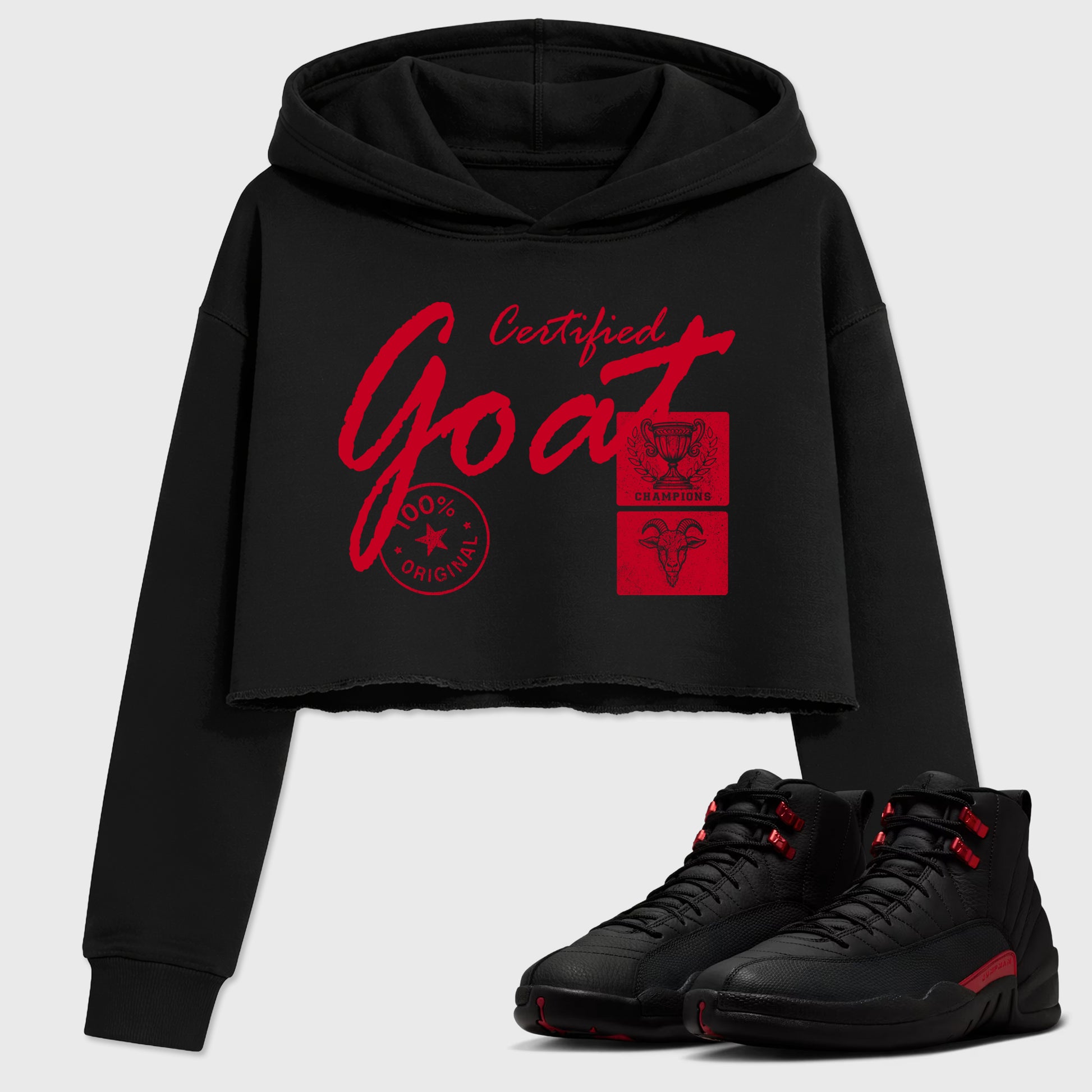 Certified Goat women’s crop tee designed to match the Air Jordan 12 Bloodline, featuring coordinated Black 1 options for a perfect streetwear vibe.
