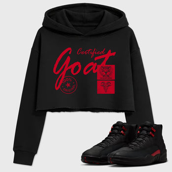 Certified Goat women’s crop tee designed to match the Air Jordan 12 Bloodline, featuring coordinated Black 1 options for a perfect streetwear vibe.