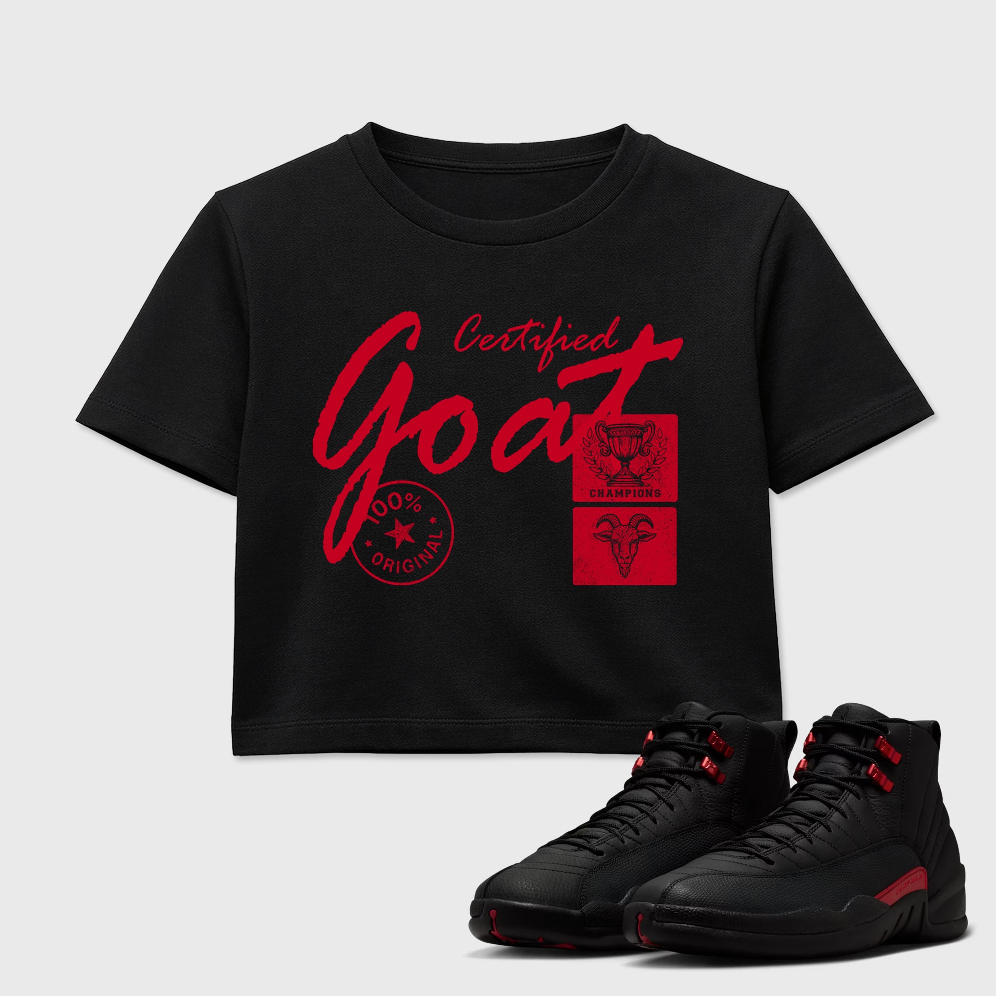 Certified Goat women’s crop tee designed to match the Air Jordan 12 Bloodline, featuring coordinated Black 1 options for a perfect streetwear vibe.