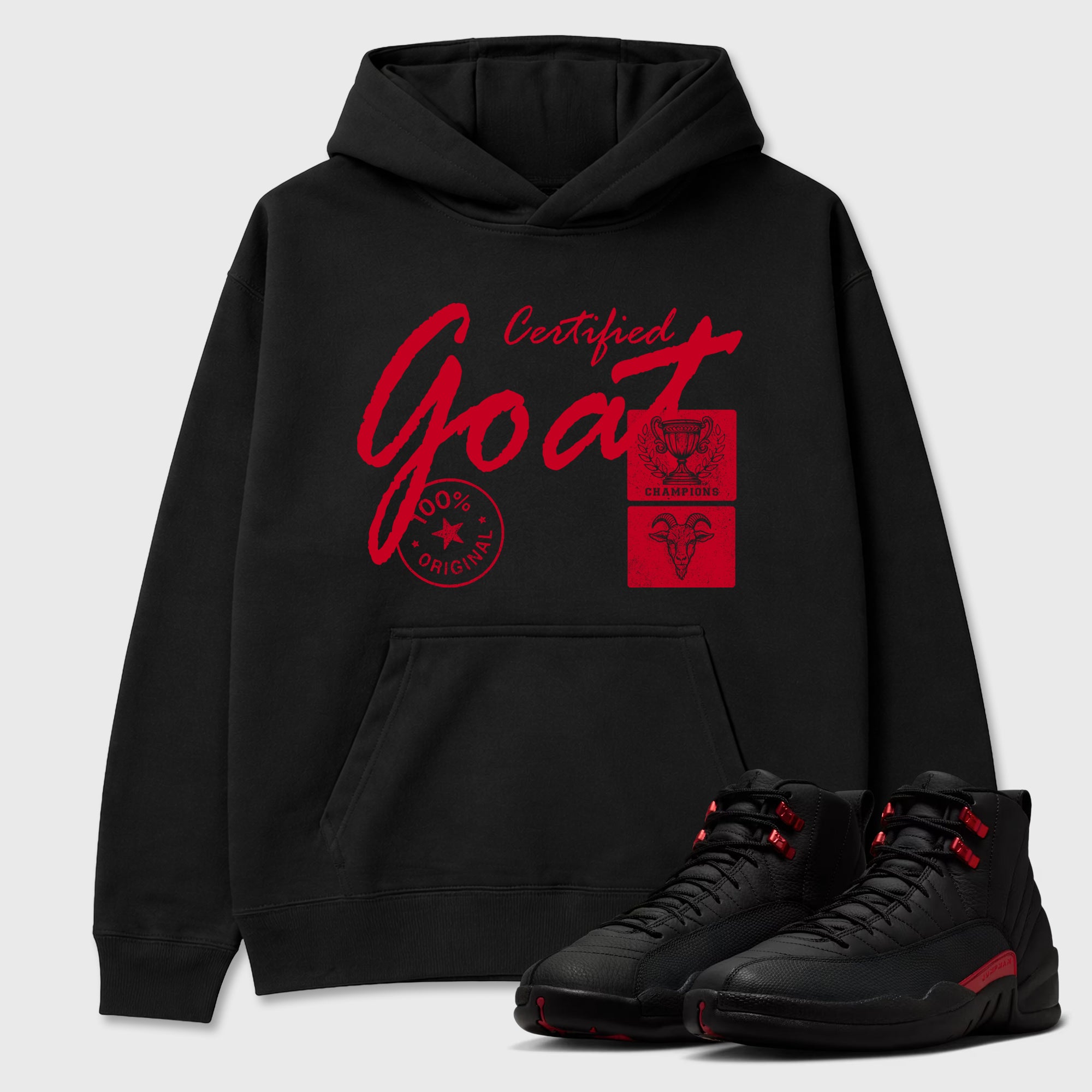 Certified Goat Graphic T-Shirt sneaker match tee designed for the Air Jordan 12 Bloodline, featuring coordinated color options for a perfect streetwear match. Black 1 shirt.