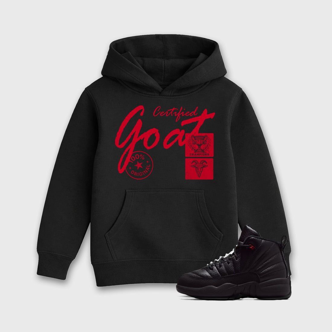 Certified Goat affordable baby and kids t-shirt designed to match the Air Jordan 12 Bloodline, featuring coordinated Black 1 options for the perfect little sneakerhead streetwear look.