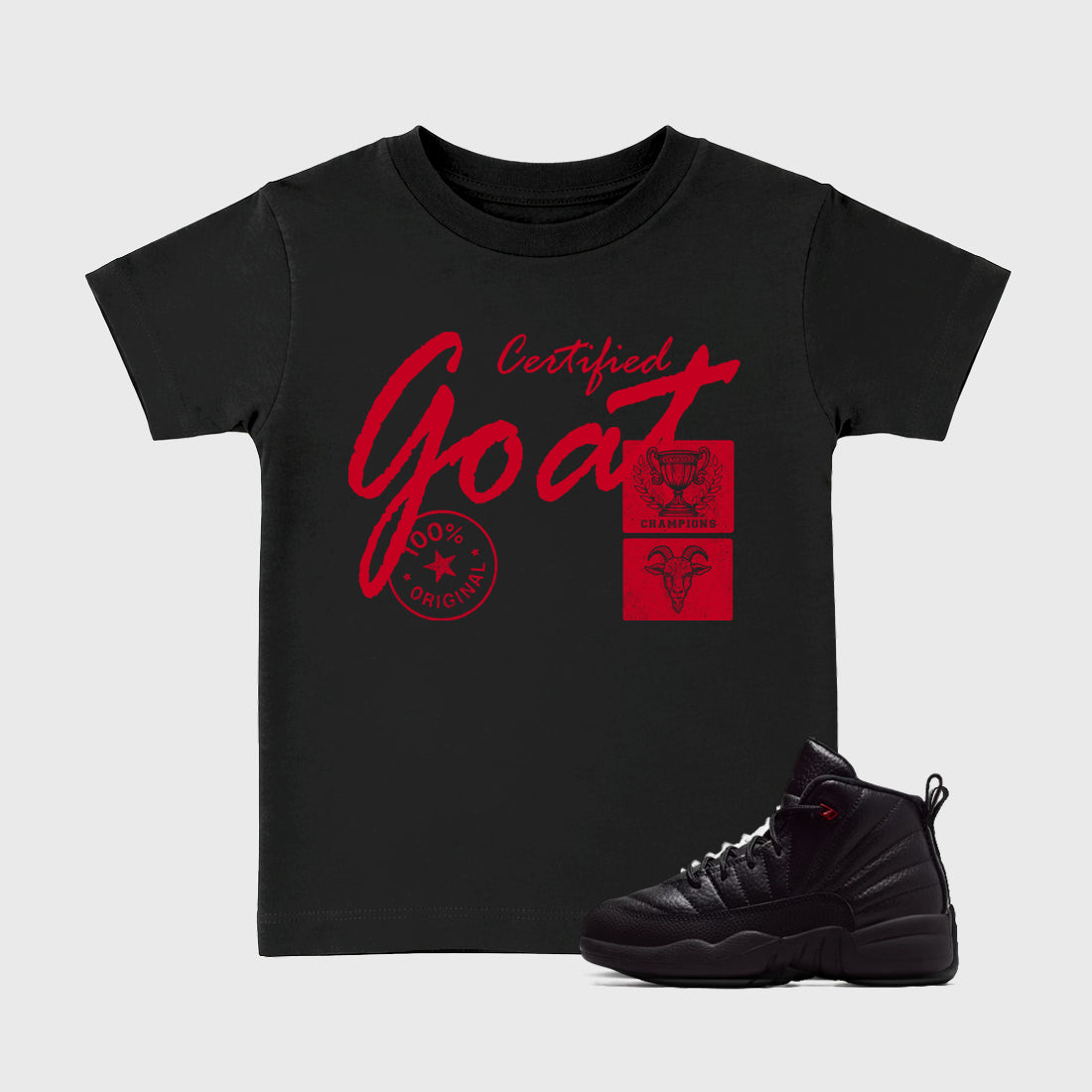 Certified Goat affordable baby and kids t-shirt designed to match the Air Jordan 12 Bloodline, featuring coordinated Black 1 options for the perfect little sneakerhead streetwear look.