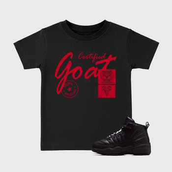 Certified Goat affordable baby and kids t-shirt designed to match the Air Jordan 12 Bloodline, featuring coordinated Black 1 options for the perfect little sneakerhead streetwear look.