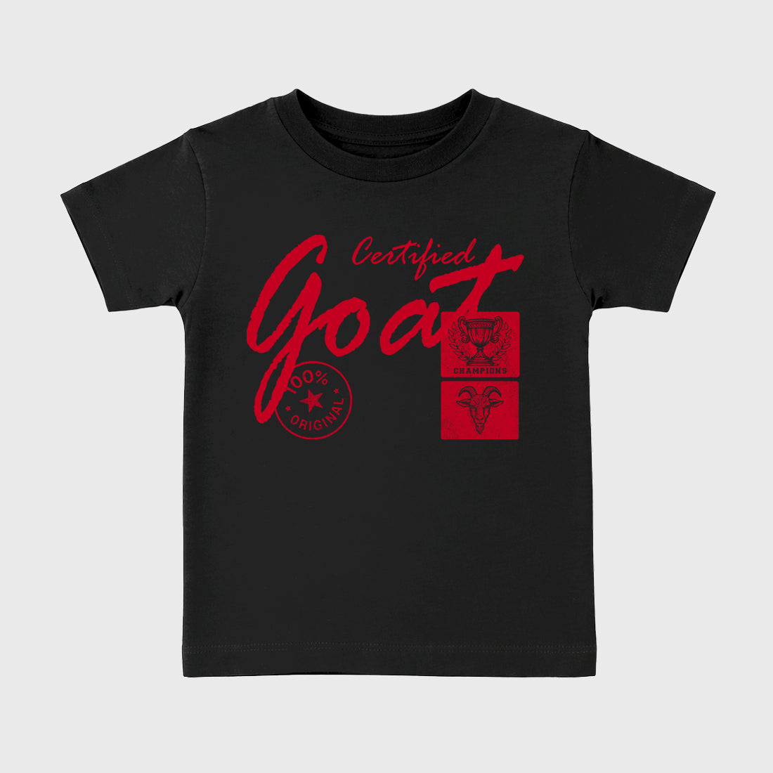 Certified Goat affordable baby and kids t-shirt designed to match the Air Jordan 12 Bloodline, featuring coordinated Black 2 options for the perfect little sneakerhead streetwear look.
