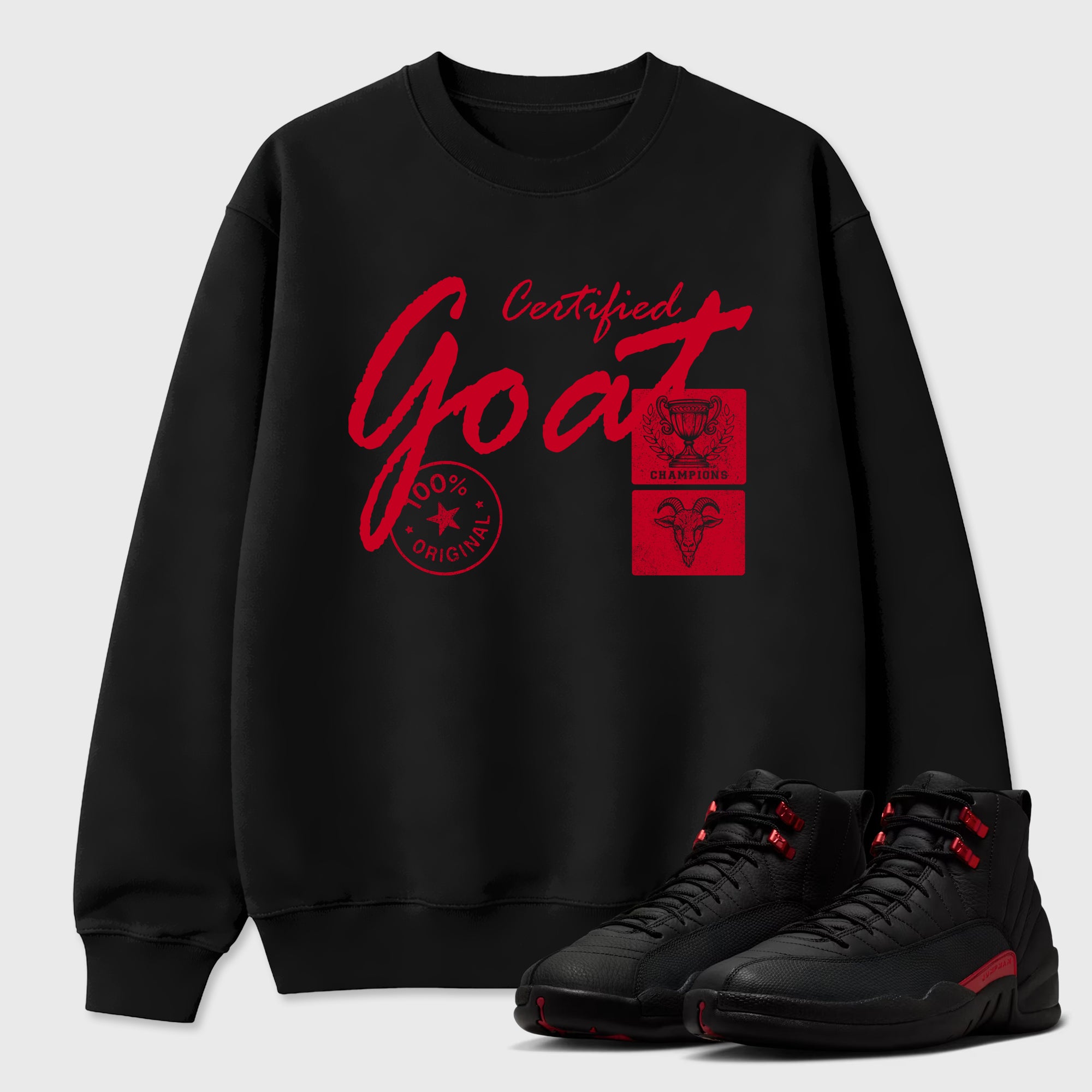 Certified Goat Graphic T-Shirt sneaker match tee designed for the Air Jordan 12 Bloodline, featuring coordinated color options for a perfect streetwear match. Black 1 shirt.