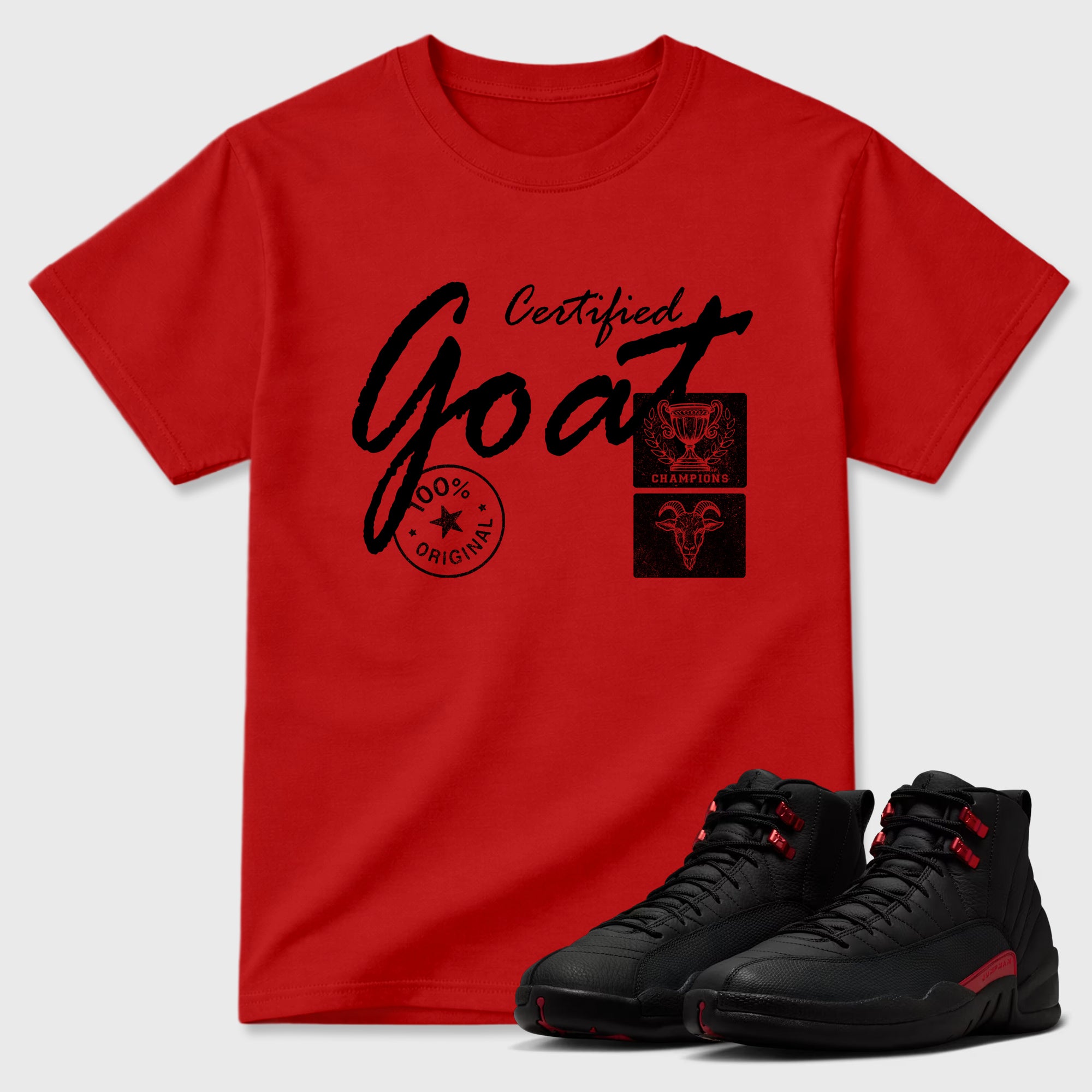 Certified Goat Graphic T-Shirt sneaker match tee designed for the Air Jordan 12 Bloodline, featuring coordinated color options for a perfect streetwear match. Red 1 shirt.