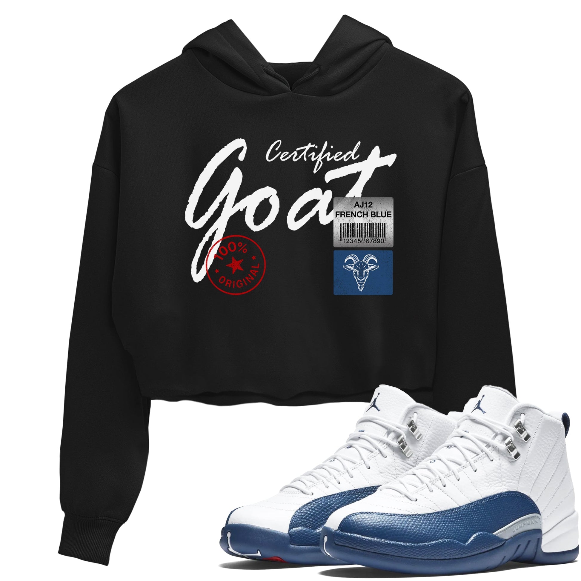 Certified Goat womens crop tee made to vibe with the Air Jordan 12 French Blue sneakers — the perfect match in Black 1.
