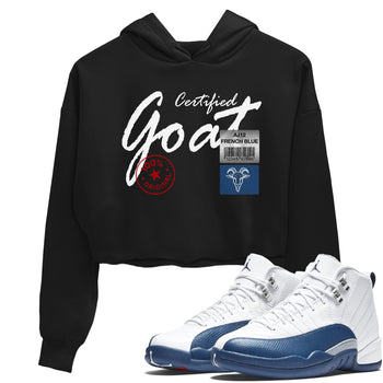 Certified Goat womens crop tee made to vibe with the Air Jordan 12 French Blue sneakers — the perfect match in Black 1.
