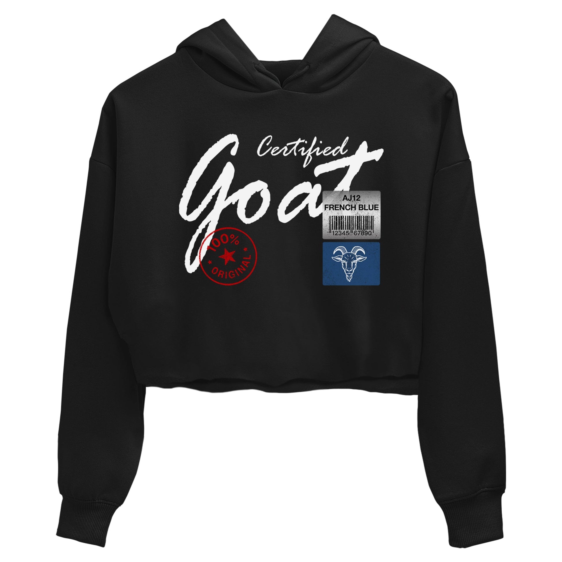 Certified Goat womens crop tee made to vibe with the Air Jordan 12 French Blue sneakers — the perfect match in Black 2.