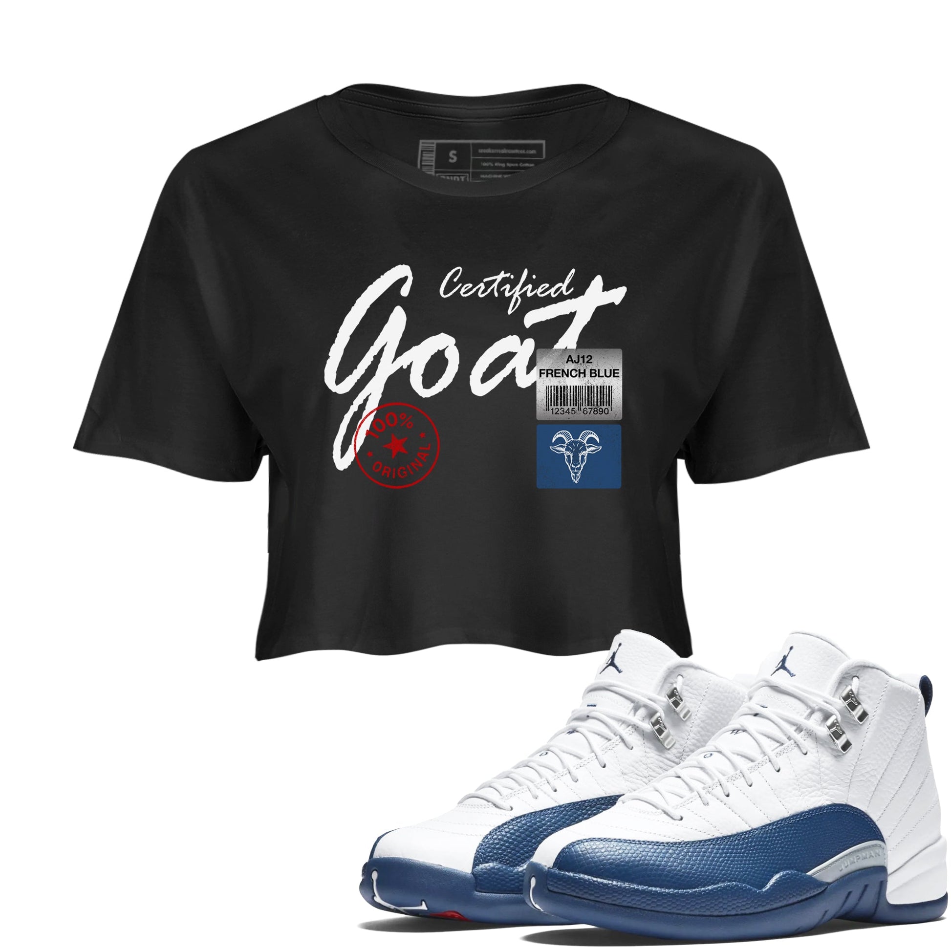 Certified Goat womens crop tee made to vibe with the Air Jordan 12 French Blue sneakers — the perfect match in Black 1.