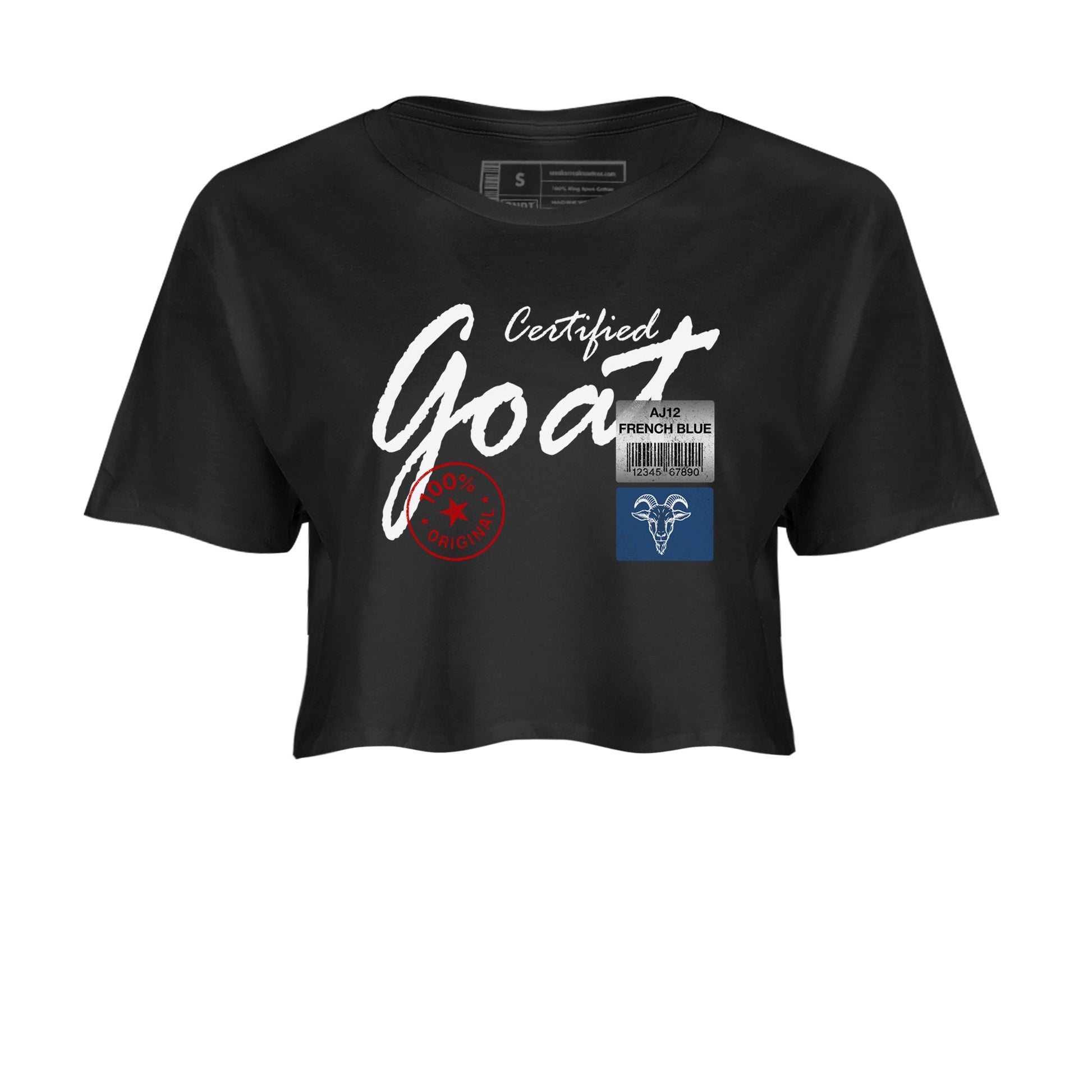 Certified Goat womens crop tee made to vibe with the Air Jordan 12 French Blue sneakers — the perfect match in Black 2.