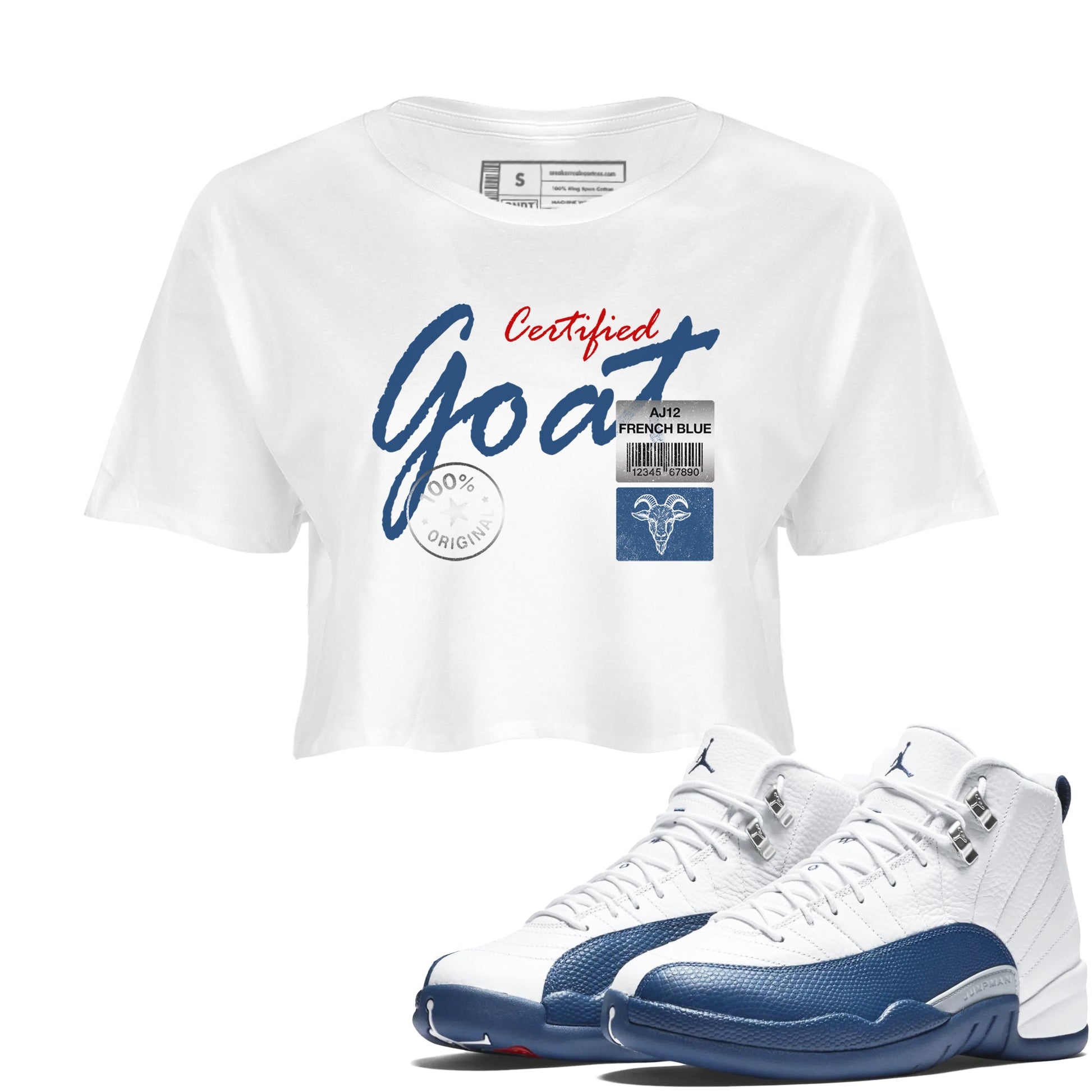 Certified Goat womens crop tee made to vibe with the Air Jordan 12 French Blue sneakers — the perfect match in White 1.
