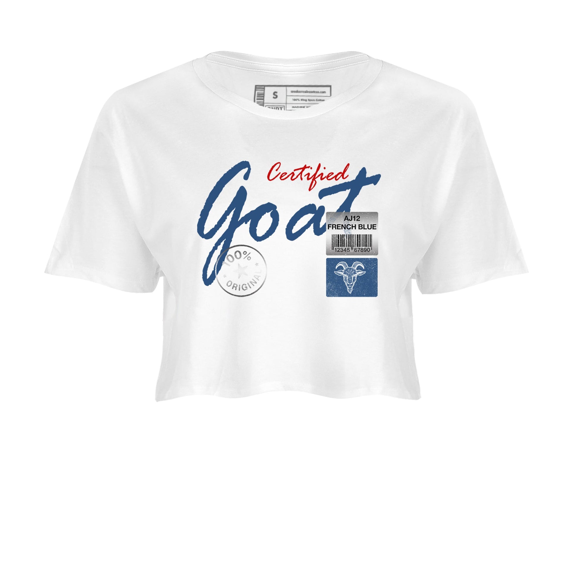 Certified Goat womens crop tee made to vibe with the Air Jordan 12 French Blue sneakers — the perfect match in White 2.