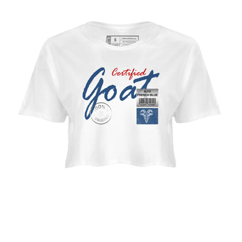 Certified Goat womens crop tee made to vibe with the Air Jordan 12 French Blue sneakers — the perfect match in White 2.