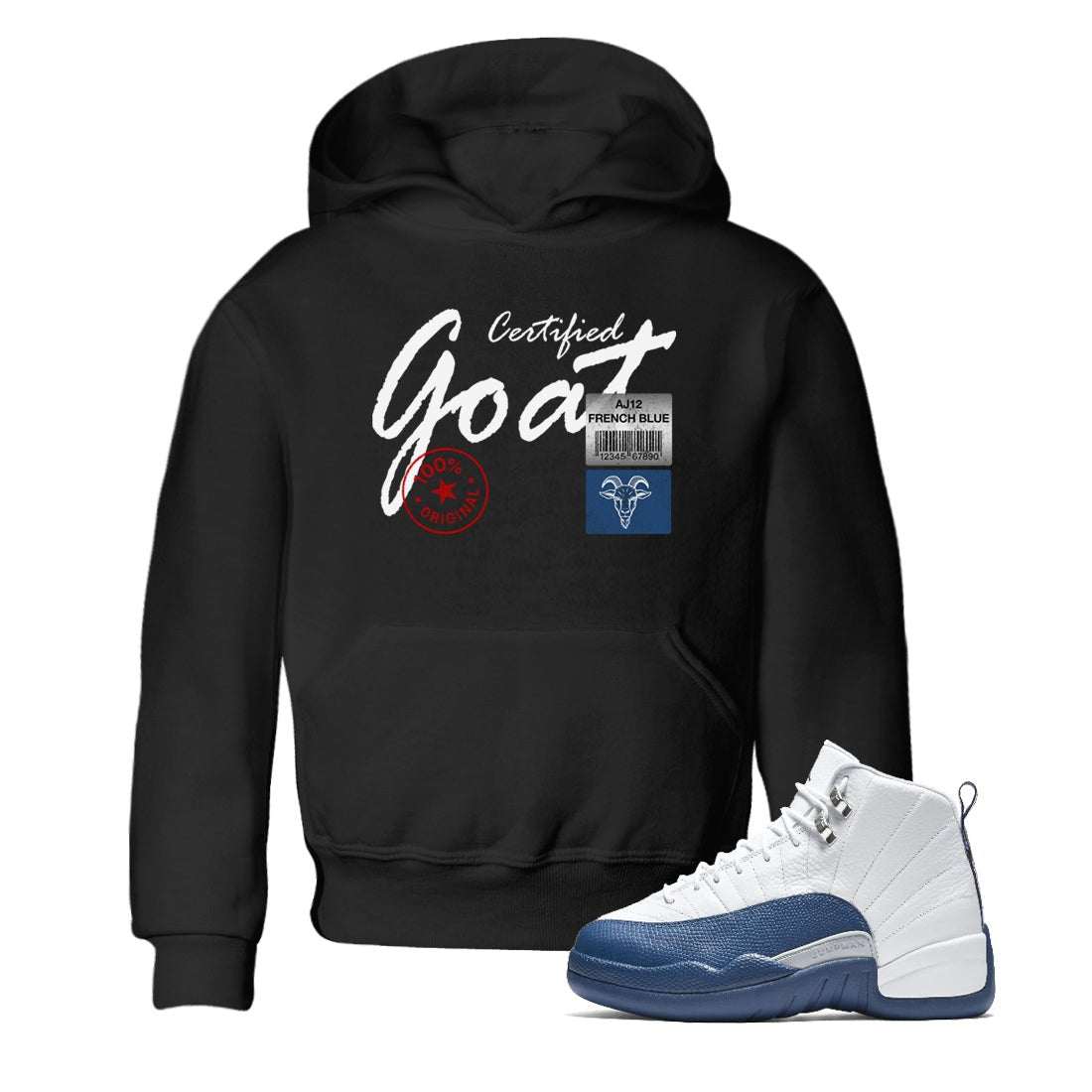 Certified Goat baby and kids t-shirt crafted for little sneakerheads to shine with the Air Jordan 12 French Blue sneakers, displayed in Black 1.