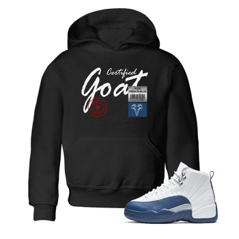Certified Goat baby and kids t-shirt crafted for little sneakerheads to shine with the Air Jordan 12 French Blue sneakers, displayed in Black 1.