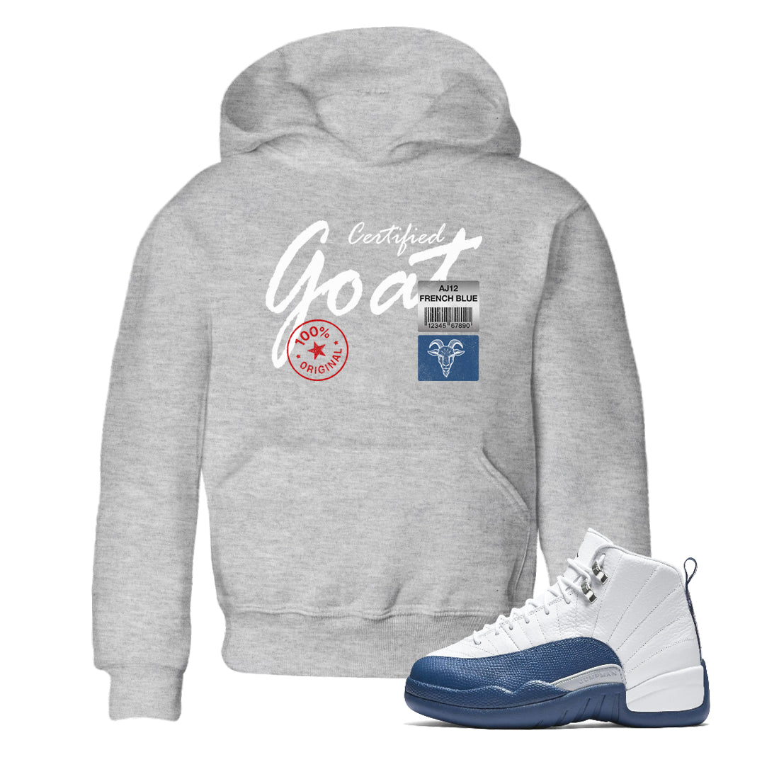 Certified Goat baby and kids t-shirt crafted for little sneakerheads to shine with the Air Jordan 12 French Blue sneakers, displayed in Heather Grey 1.