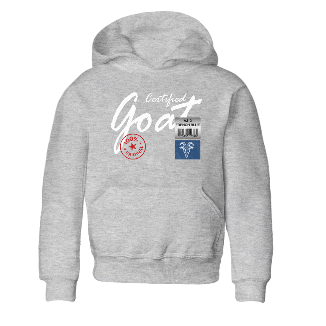 Certified Goat baby and kids t-shirt crafted for little sneakerheads to shine with the Air Jordan 12 French Blue sneakers, displayed in Heather Grey 2.