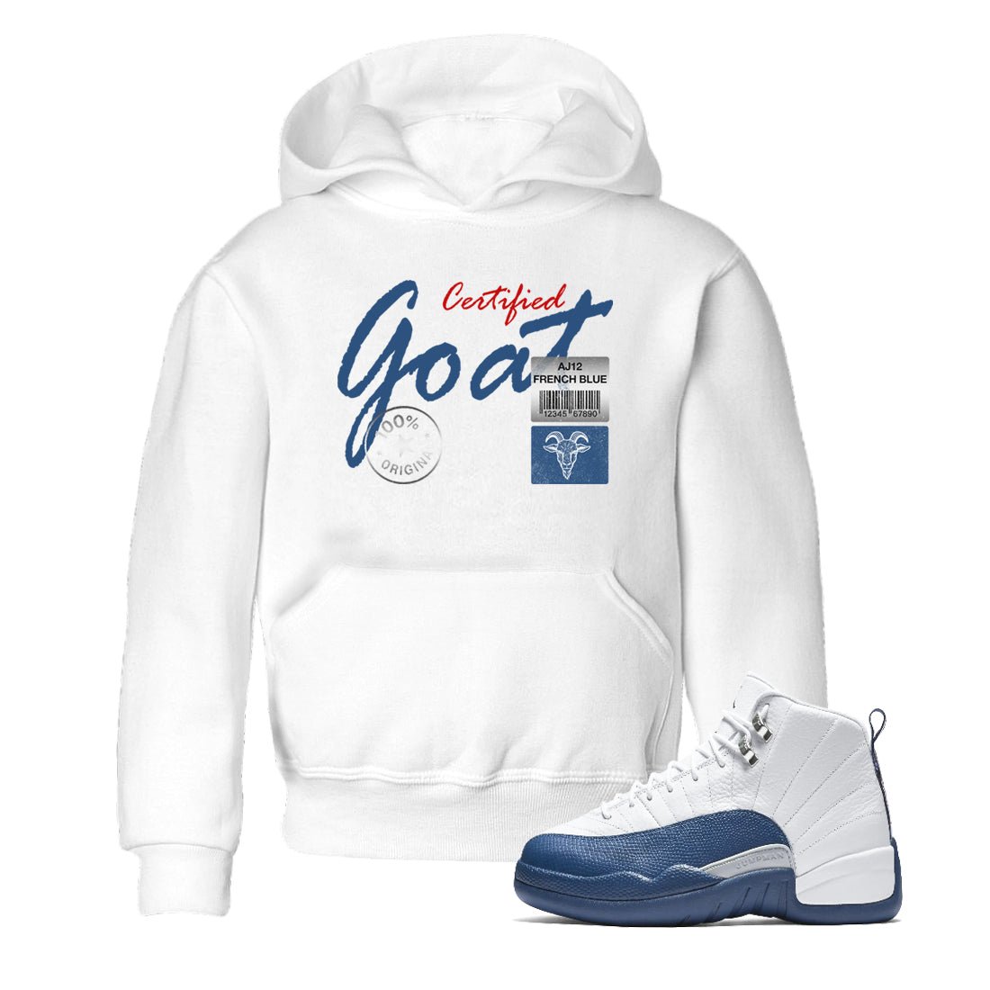 Certified Goat baby and kids t-shirt crafted for little sneakerheads to shine with the Air Jordan 12 French Blue sneakers, displayed in White 1.