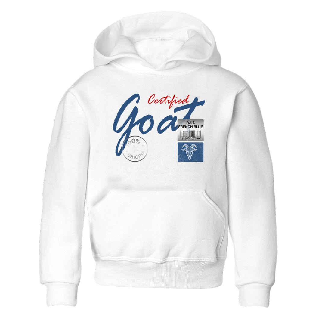 Certified Goat baby and kids t-shirt crafted for little sneakerheads to shine with the Air Jordan 12 French Blue sneakers, displayed in White 2.