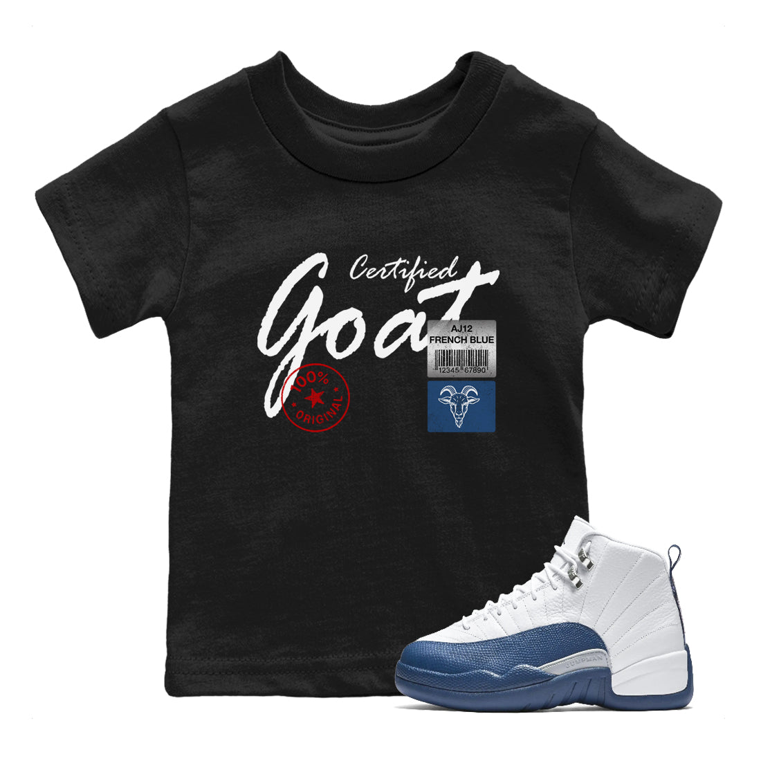 Certified Goat baby and kids t-shirt crafted for little sneakerheads to shine with the Air Jordan 12 French Blue sneakers, displayed in Black 1.