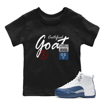 Certified Goat baby and kids t-shirt crafted for little sneakerheads to shine with the Air Jordan 12 French Blue sneakers, displayed in Black 1.