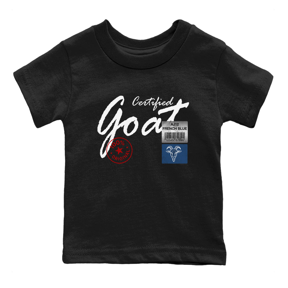 Certified Goat baby and kids t-shirt crafted for little sneakerheads to shine with the Air Jordan 12 French Blue sneakers, displayed in Black 2.