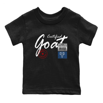 Certified Goat baby and kids t-shirt crafted for little sneakerheads to shine with the Air Jordan 12 French Blue sneakers, displayed in Black 2.