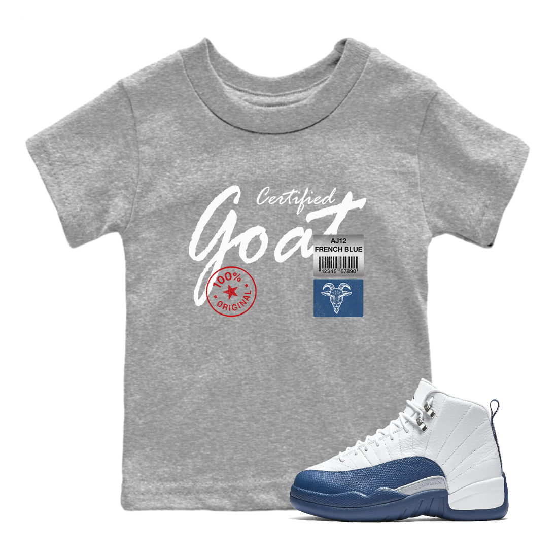 Certified Goat baby and kids t-shirt crafted for little sneakerheads to shine with the Air Jordan 12 French Blue sneakers, displayed in Heather Grey 1.