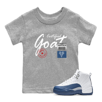 Certified Goat baby and kids t-shirt crafted for little sneakerheads to shine with the Air Jordan 12 French Blue sneakers, displayed in Heather Grey 1.