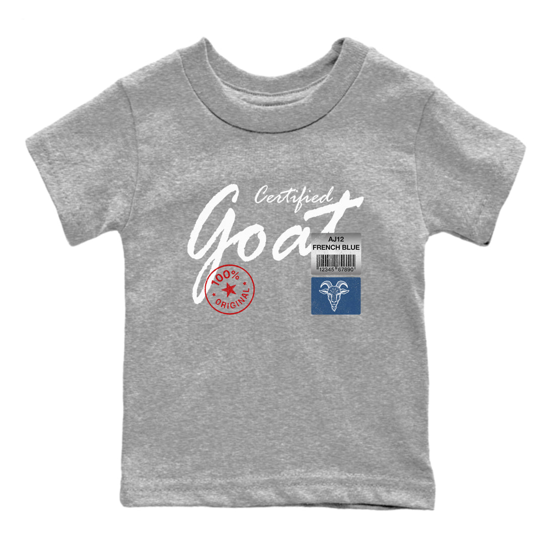 Certified Goat baby and kids t-shirt crafted for little sneakerheads to shine with the Air Jordan 12 French Blue sneakers, displayed in Heather Grey 2.