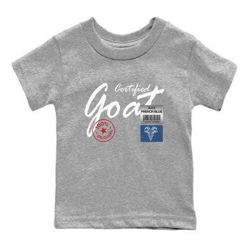 Certified Goat baby and kids t-shirt crafted for little sneakerheads to shine with the Air Jordan 12 French Blue sneakers, displayed in Heather Grey 2.